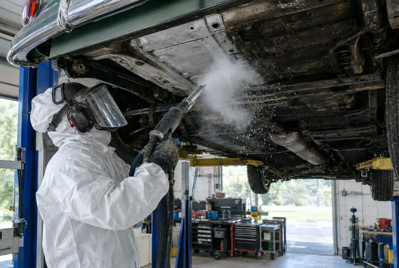 Technician dry ice cleaning the underside of a classic car
