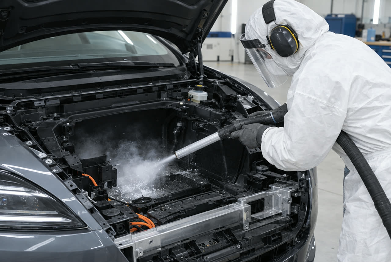 Technician dry ice cleaning the open front trunk bay of an electric car